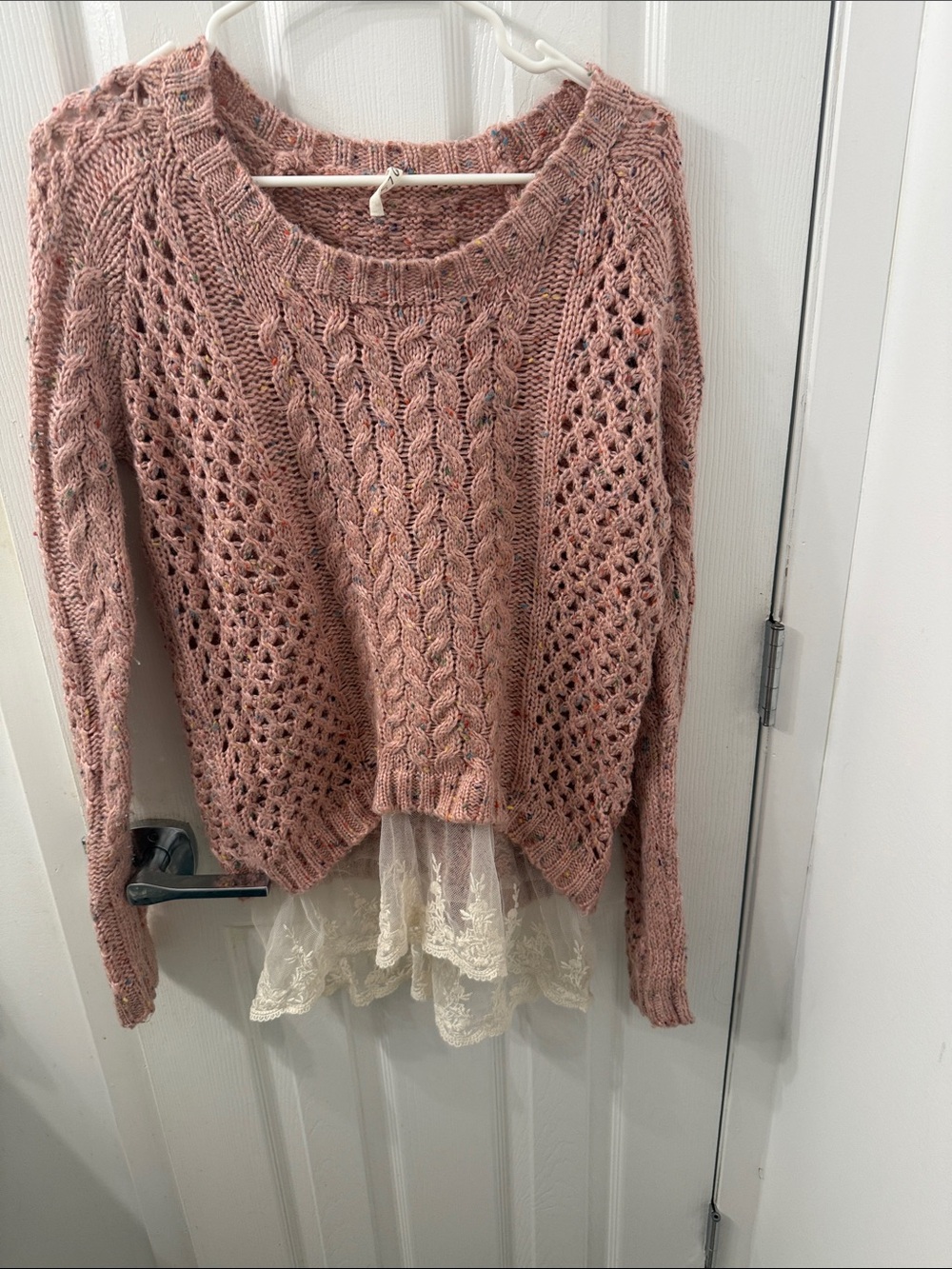 POL Dusty Rose Open-Knit Cable Sweater with Lace Trim